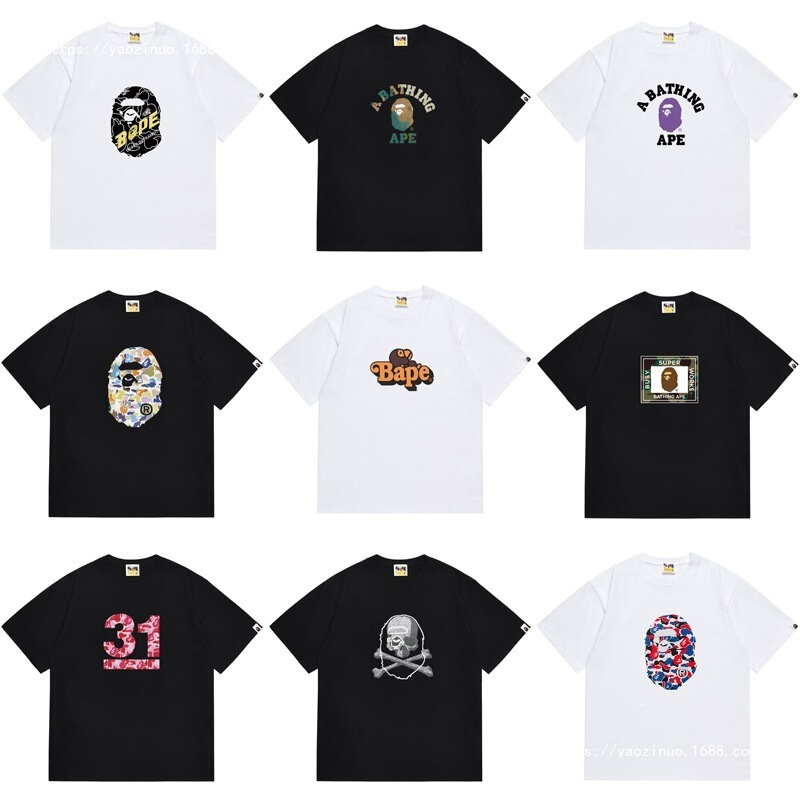 Summer Heavyweight Pure Cotton Trendy Brand Bape Ape Head Unisex Short-Sleeve Loose Couple Student Cartoon Top T-Shirt