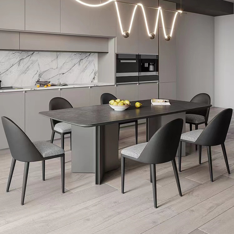 Italiano simple moderno gris acero negro Rock placa mesa y silla combinación rectangular de gama alta gran apartamento sala de estar luz mesa de lujo