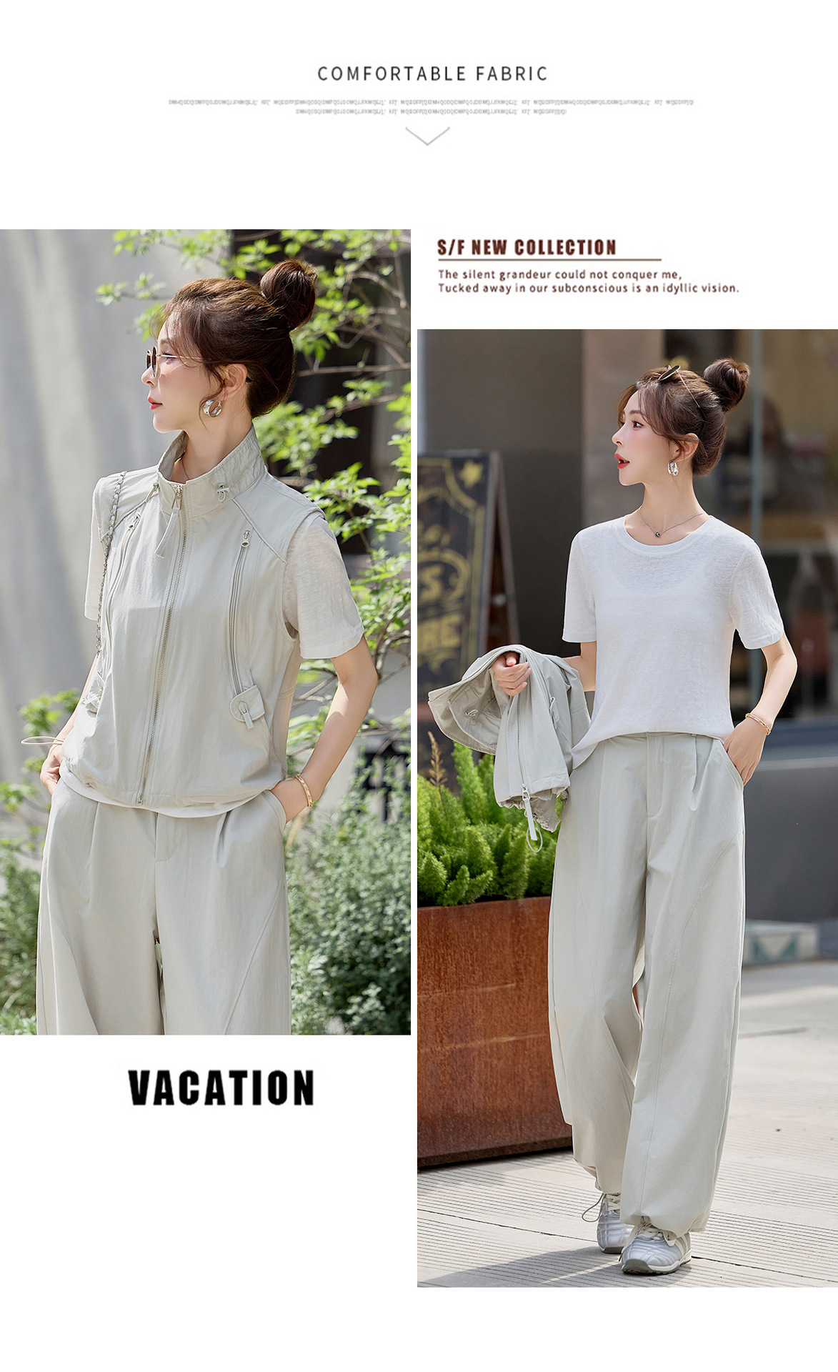 Bộ ba mảnh nữ gồm áo thun cổ tròn, áo vest cổ đứng và quần ống rộng phối đồ thanh lịch — màu xanh nhạt, màu xanh đậu chi tiết 22