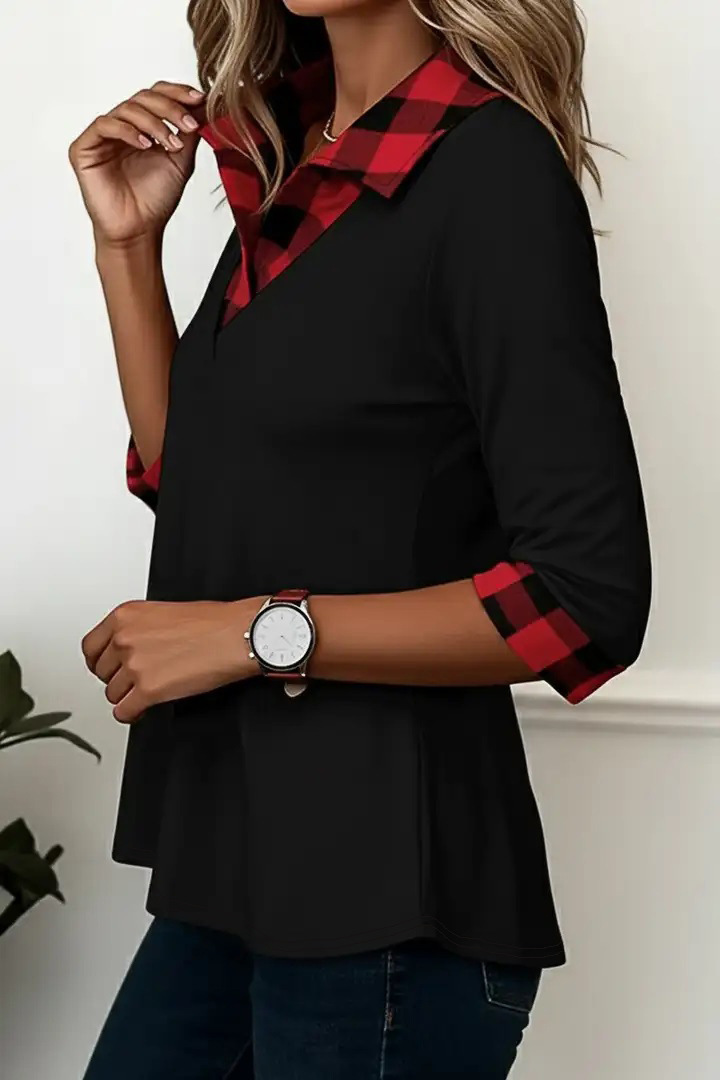 Contrast Panel Casual V-Neck Tunic Top For Women - Modern Spliced Tee With 3/4 Sleeves For Street Style_ecoleips.com