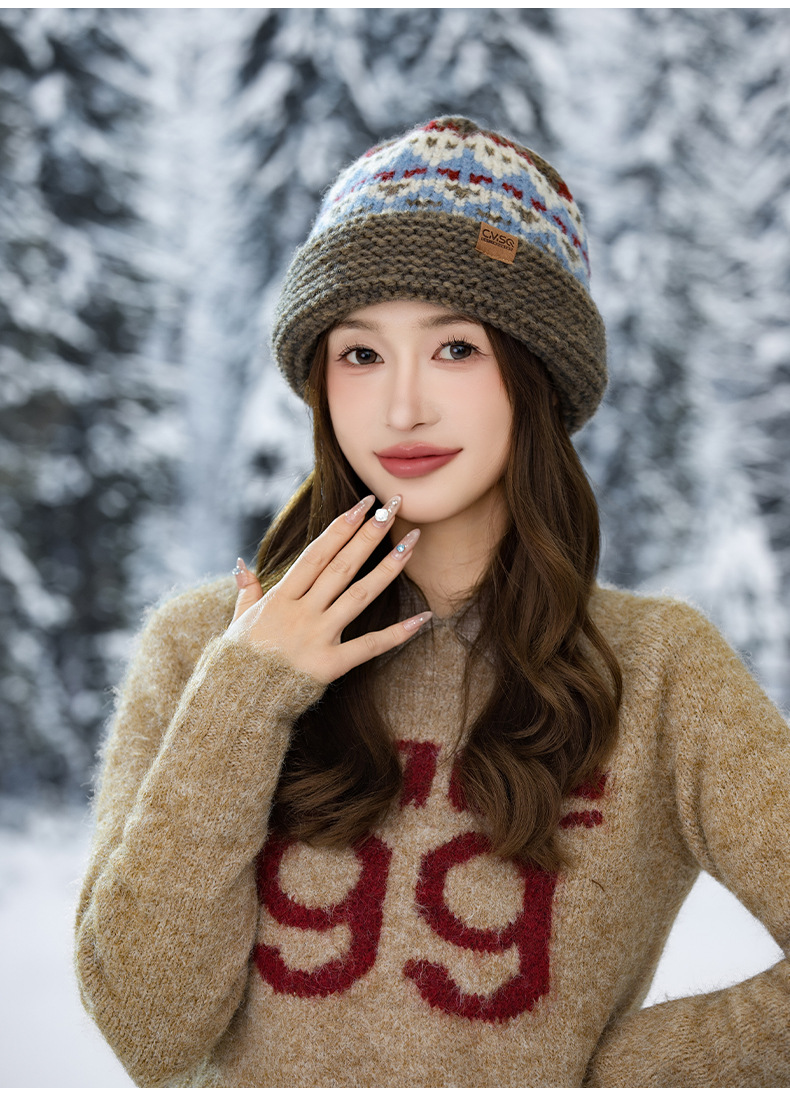 Etichetta in pelle stile Fair Isle con bordo arrotolato, maglia di lana, autunno inverno, retrò, snellente, natalizio, casual, antivento, caldo_voghion.com