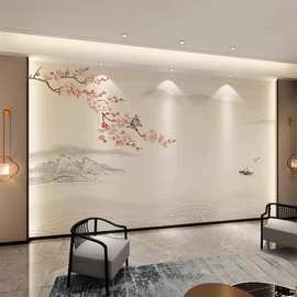 新中式花鸟电视背景墙壁画简约意境山水壁布素雅客厅书房装饰墙纸