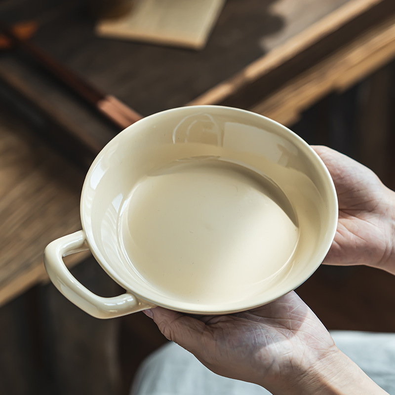 [Cuenco destacado de una sola oreja de alto aspecto] tazón de desayuno de cerámica de lujo ligero tazón de yogur japonés de una sola manija ligeramente defecto
