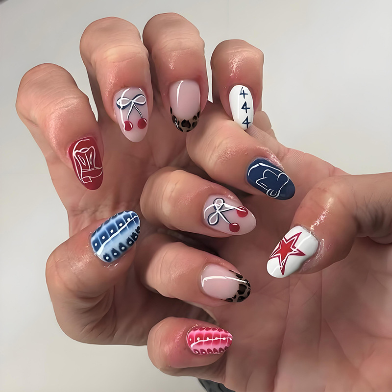 European and American Cross-Border French-Style Press-On Nails, 24 Pieces, Oval Cherry Star Nail Tips, Nail Manufacturer in Stock European and American Cross-Border French-Style Press-On Nails, 24 Pieces, Oval Cherry Star Nail Tips, Nail Manufacturer in Stock