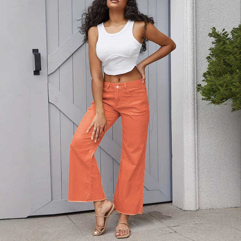 European and American Style High-Waisted Orange Flared Jeans for Women, Frayed Hem, Cropped Wide-Leg Pants, Solid Color Straight-Leg Pants, Cross-Border Hot-Selling Women's Pants European and American Style High-Waisted Orange Flared Jeans for Women, Frayed Hem, Cropped Wide-Leg Pants, Solid Color Straight-Leg Pants, Cross-Border Hot-Selling Women's Pants