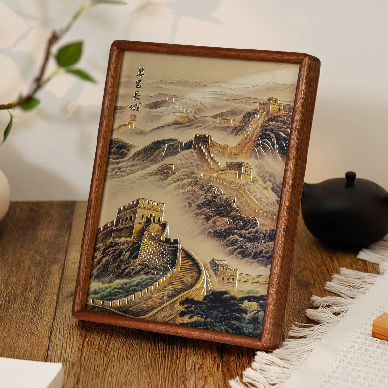 金色万里长城铜雕画桌面摆件手工錾刻靠山图山水画现代装饰画摆台