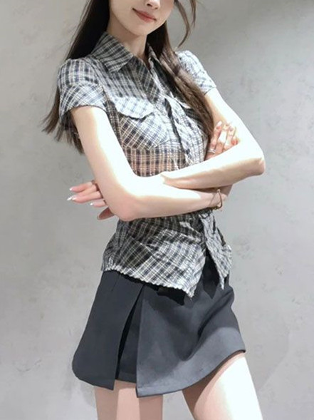 韩系复古格子短袖衬衫女夏2025新款掐腰气质衬衣修身显瘦辣妹上衣|undefined