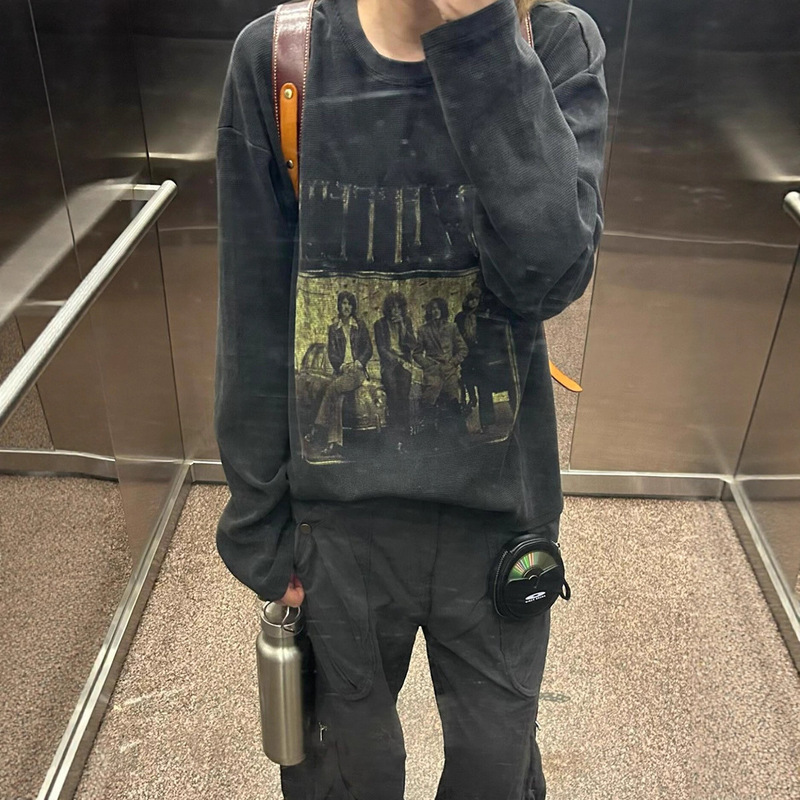 Plus-Size Pure Cotton Long-Sleeve T-Shirt for Women, Spring and Autumn American Retro Washed Vintage Niche High Street Ins Large Size Loose Top