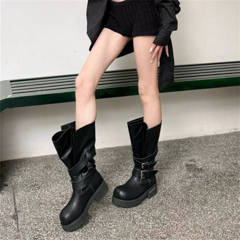 ホットガール厚底パリブーツ女性のための 2025 新デザインニッチ大型チューブオートバイライダーブーツ|undefined