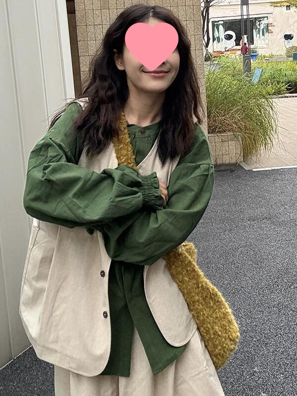 大码女装胖mm日系复古套装女绿色棉麻衬衫工装马甲阔腿裤三件套春|undefined