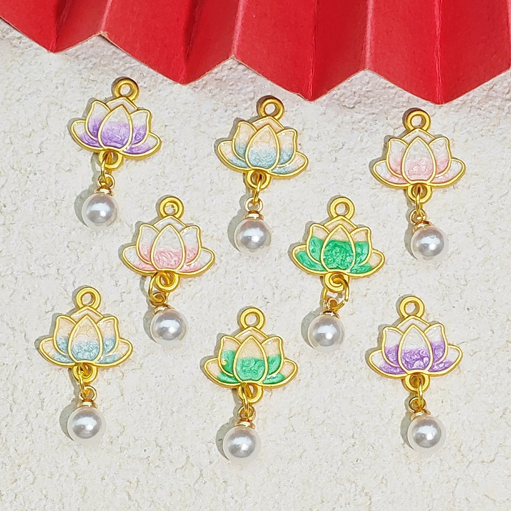 国潮沙金保色复古滴油莲花珍珠合金串珠饰品DIY手链项链材料配件