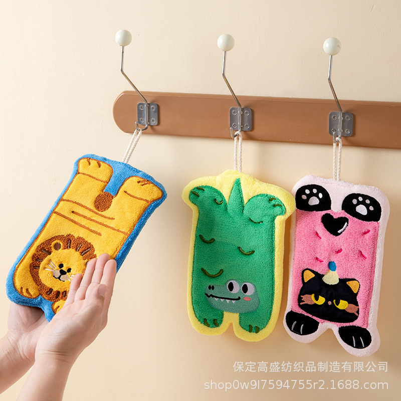 Cross-Border Cartoon Lion Cute Hand Towel Hanging Type Absorbent Quick-Dry Cleaning Cloth Three-Layer Thickened Coral Fleece Kitchen Towel