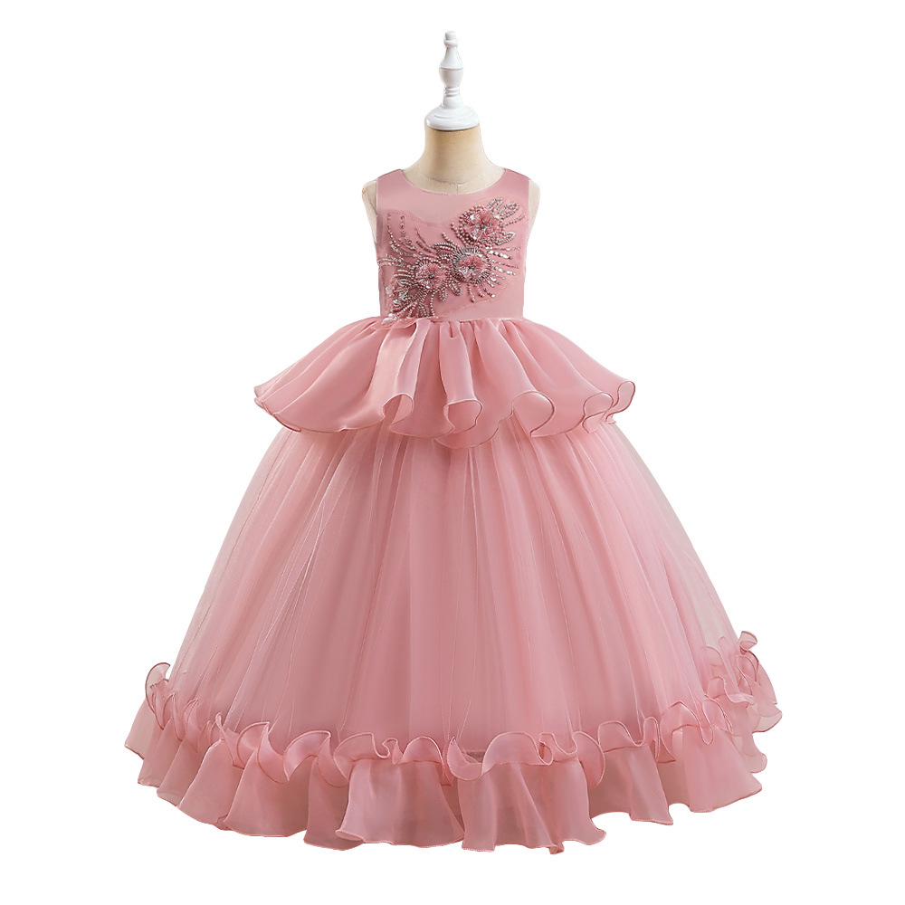 Nuevo vestido de novia transfronterizo Vestido de niñas europeas y americanas Vestido de niños bordados Vestido de princesa mullida de malla para niños medianos y grandes