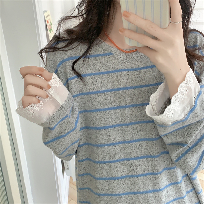 한국 가을과 겨울 새 잠옷 여성 한국 줄무늬 간단한 편안한 레이스 세트 캐주얼 느슨한 캐주얼 홈 의류