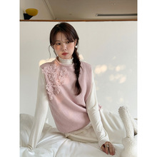 【梦屿花织】歌铭立体钉珠花朵圆领马甲背心女冬季叠穿上衣N742C