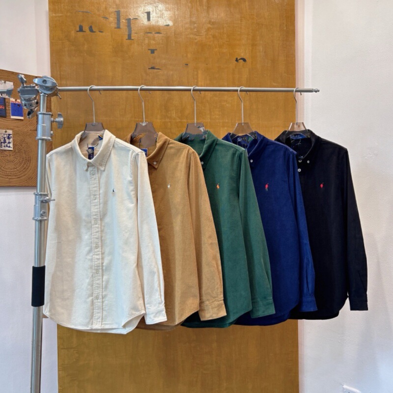 Rl Laff Pony Couple Corduroy Shirt Men's Embroidered Spring and Autumn Top Long Sleeve Basic Shirt Women