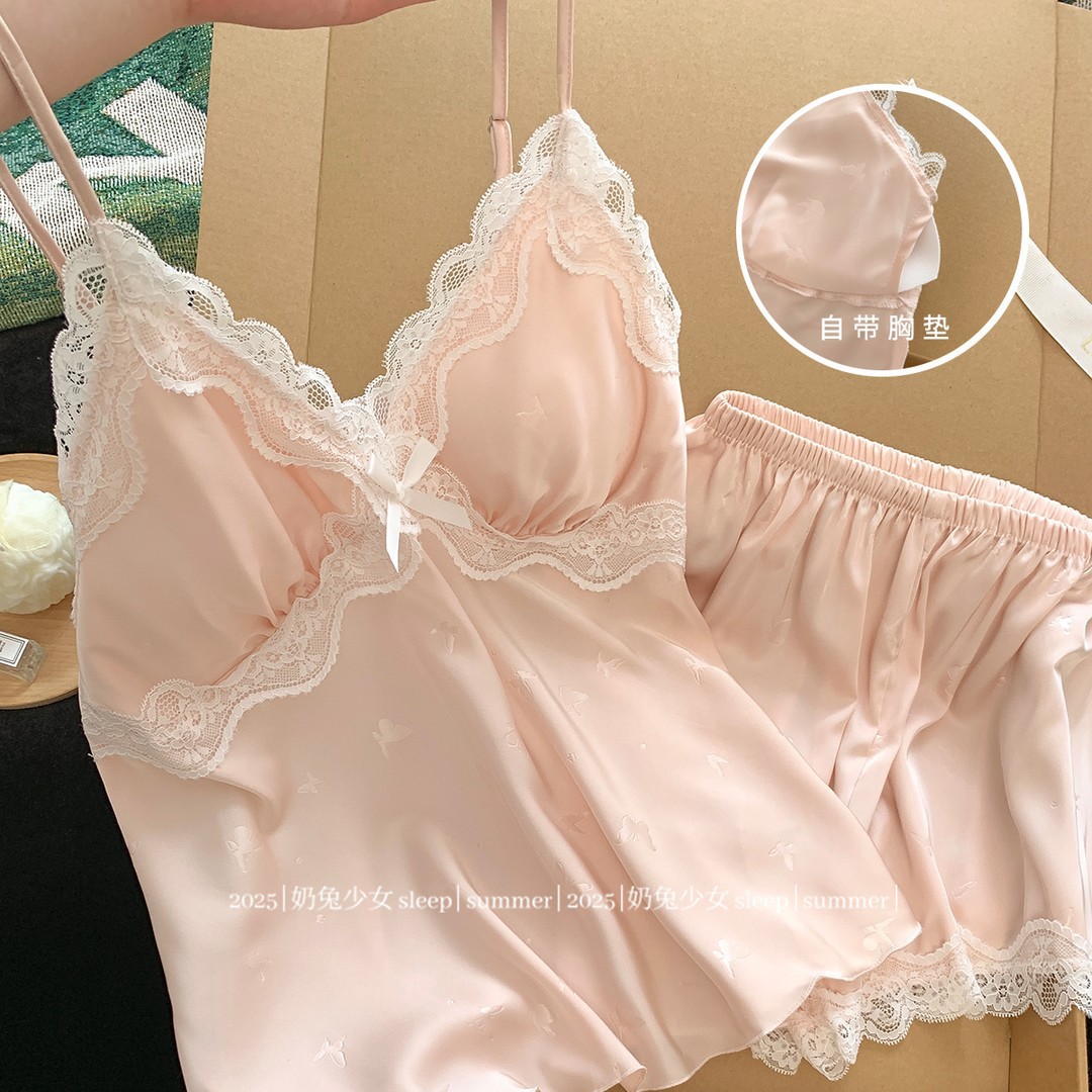 Internet Celebrity Ice Silk Suspender Shorts Women's Summer Silk Pajamas Set Spring and Autumn Thin Sexy Lace Home Clothes