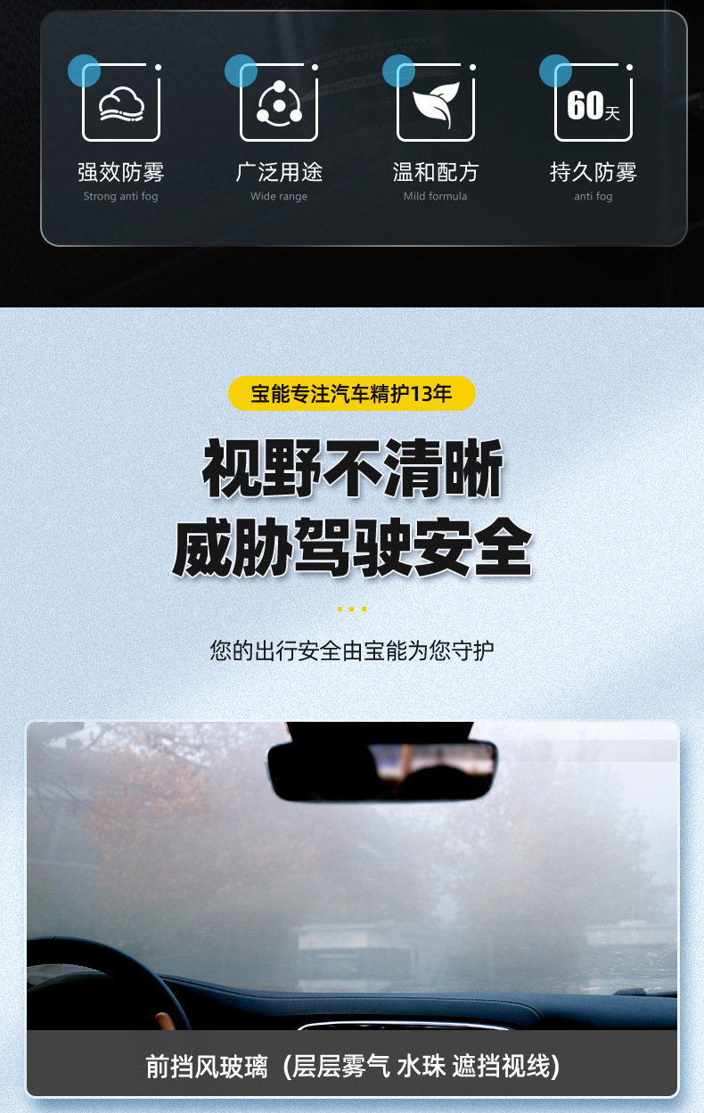Baoneng Car Glass Anti-Fog Coating Agent, Long-Lasting Anti-Fog Coating for Car Windows and Windshields, Anti-Fog Agent for Car Helmets and Glass