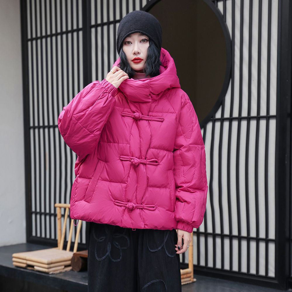 Winter New Style down Jacket Women's Short Thickeneded Button Hooded Retro Ethnic Style White Duck down Loose down Jacket