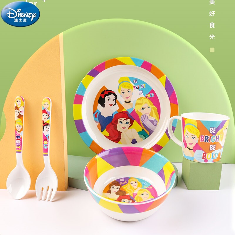Disney Melamine Tableware Plates, Bowls, Spoons and Water Cups Set Household Tableware Resistant to Falling Students and Older Children Princess Outdoor Meals