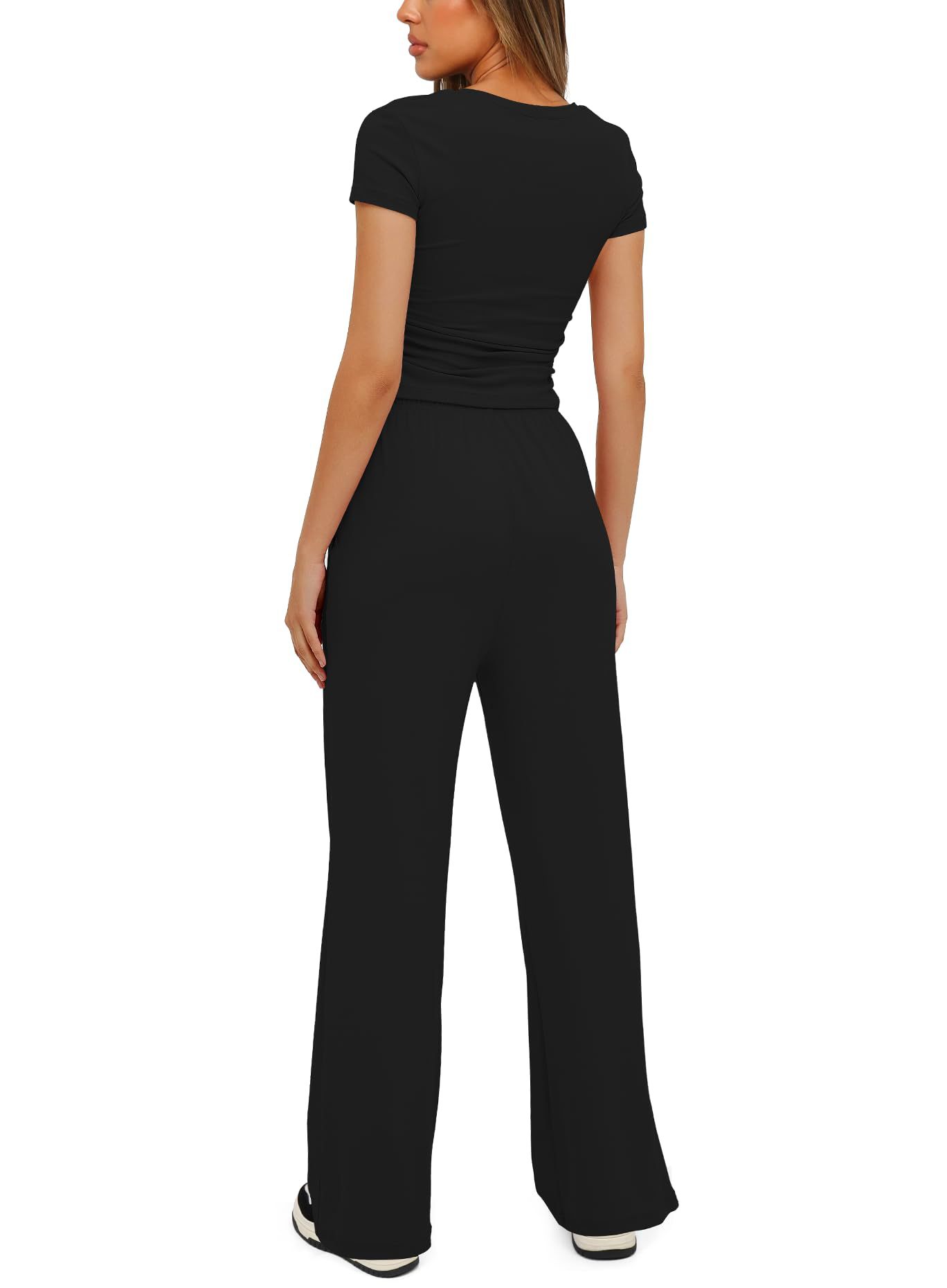 European American Foreign Trade Women's 2-piece Casual Set: Ruffled Short-sleeve Top And High-waisted Wide-leg_ecoleips.com