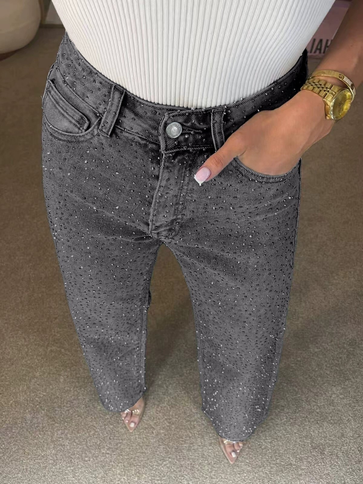Women's High-Waisted Straight Leg Jeans Full Diamond Washed Denim Loose Fit European And American Style_mkmklike.com