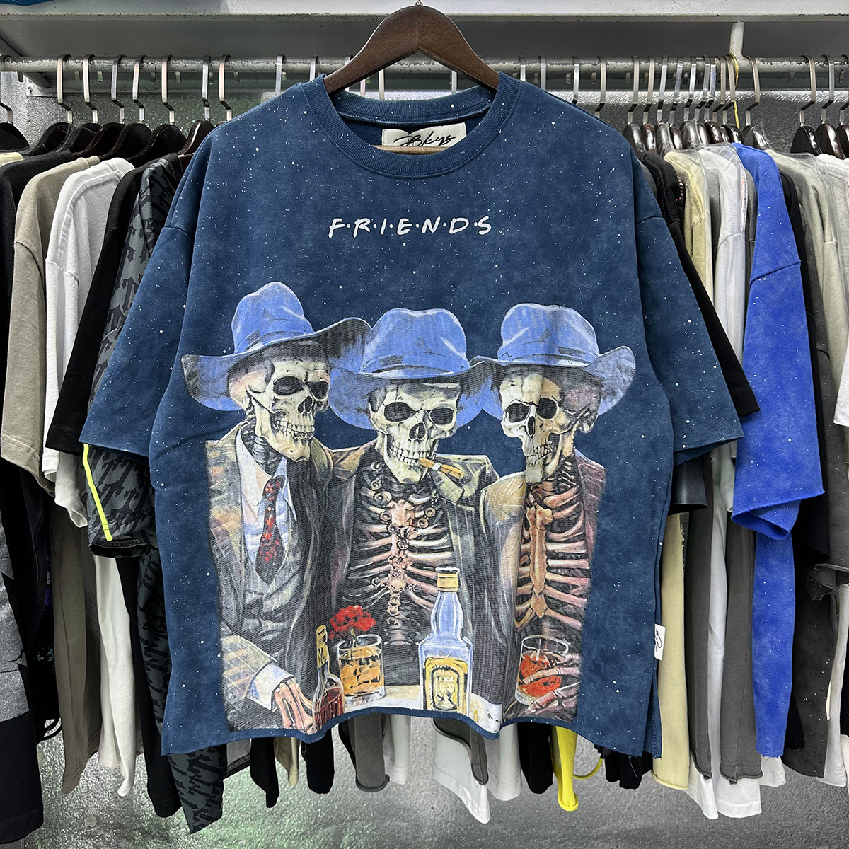 Transfronterizo nueva venta en caliente BKS camiseta de manga corta extraña esqueleto retro lavado de agua caliente perforación en caliente para hombres y mujeres de moda en stock lotes