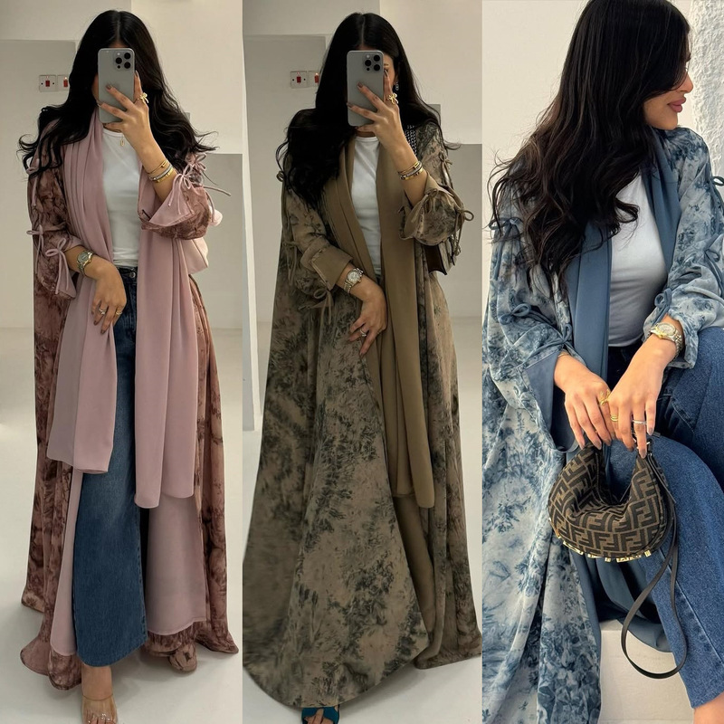 Mq181 Modest Cross-Border Fashion Women's Chiffon Printed Two-Piece Set with Headscarf Summer Casual Jacket