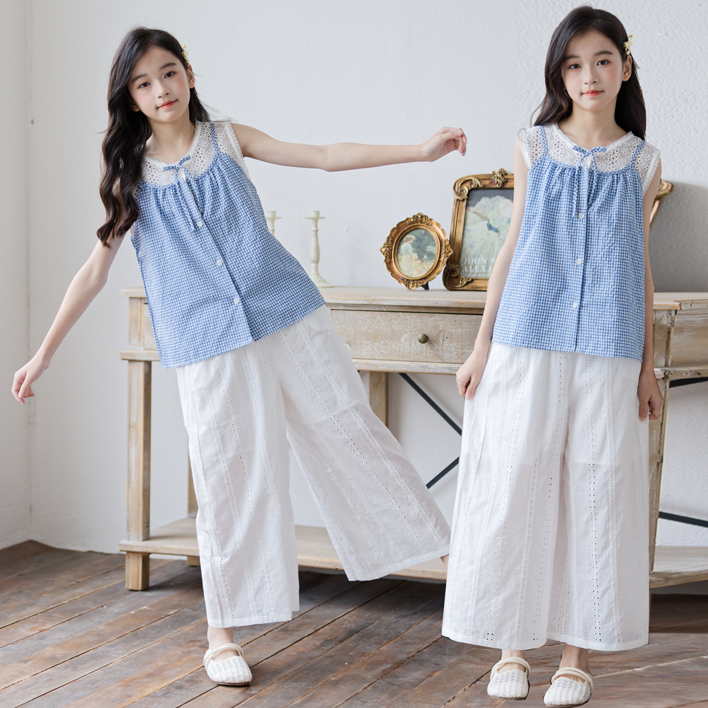 New Western Style Children's Summer Dress Large Children's Princess Embroidered Plaid Sling suit Girl's Large Children's College Style Mori Style