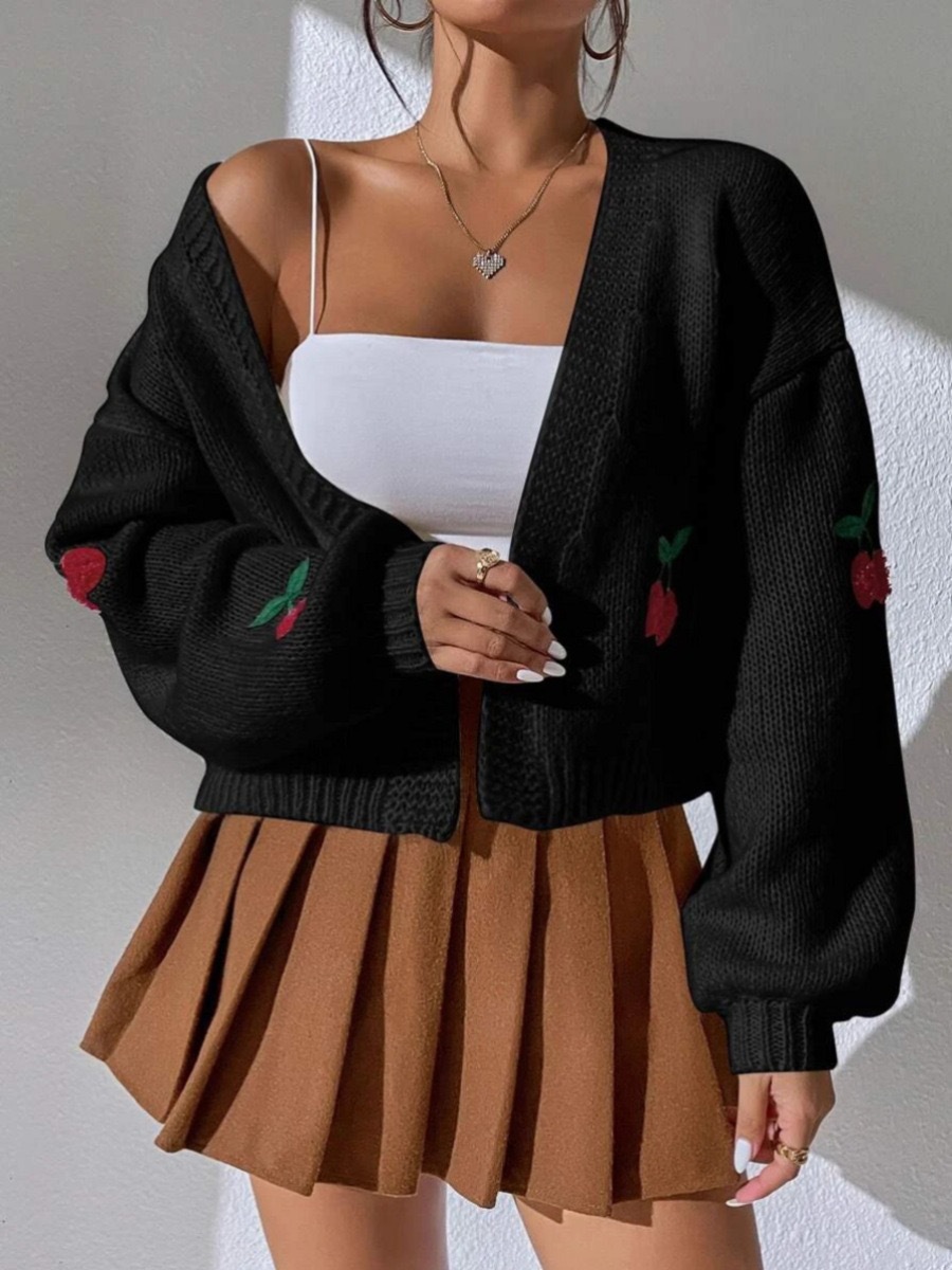 Nuevo suéter de bordado de cereza tridimensional transfronterizo de otoño y invierno de Europa y Estados Unidos. ropa de mujer. Cardigan de punto suelto sin hebilla.