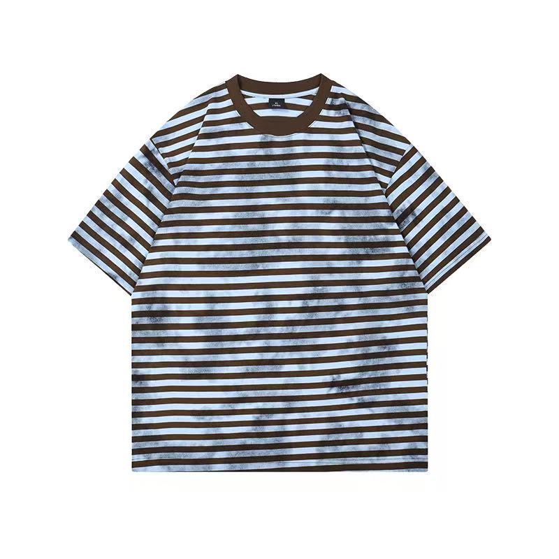 2025 Cross-border Sea Soul Shirt Short-sleeved T-shirt Men's and Women's Summer American Fashion Tie-dyed Old Vintage Striped Half-sleeved Shirt