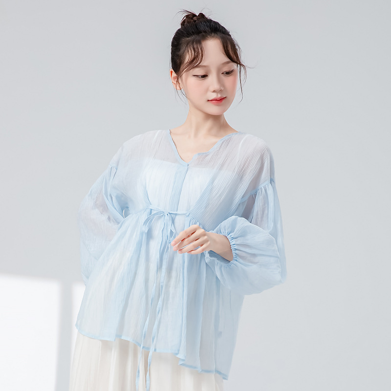 古典舞练功服女新款系带灯笼袖宽松罩衫中国舞成人舞蹈服网纱上衣|undefined