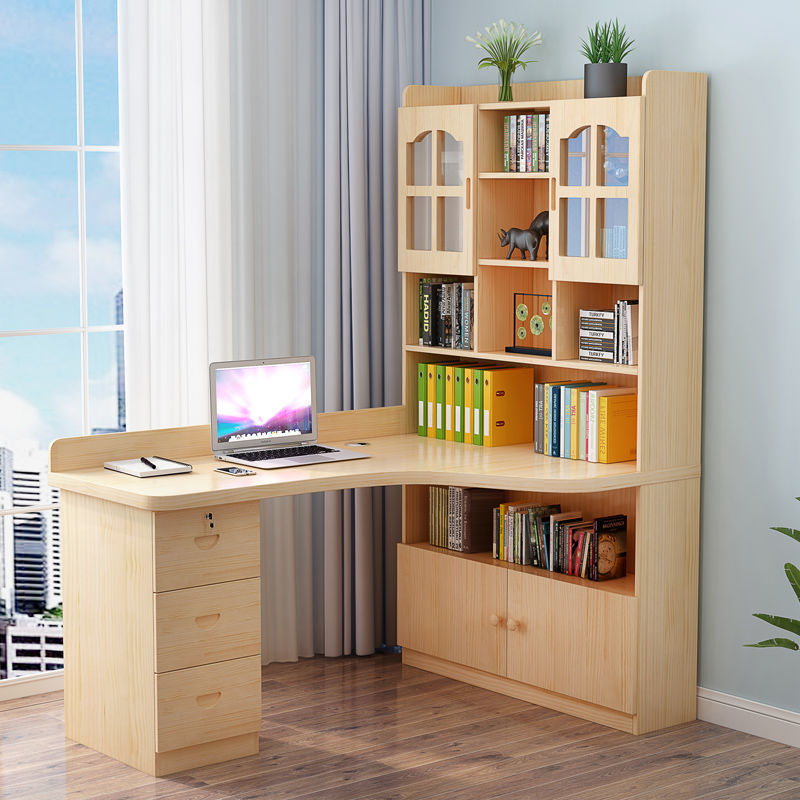 Solid Wood Corner Desk with Bookshelf Integrated Combination Cabinet Computer Writing Desk Study Table Children's Corner Study Furniture