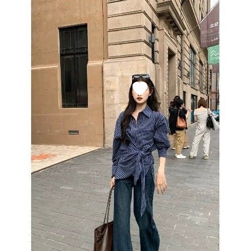 设计感不规则绑带开叉条纹衬衫女春季新款时尚气质高级感长袖衬衣|undefined