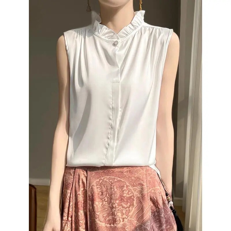 Sleeveless Women's Wood-ear Solid Color Shirt with Lace Inner Design Vest Stacked All-match Collar Base Shirt