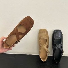复古方头交叉带绒面玛丽珍鞋女鞋子春秋季软平底芭蕾单鞋奶奶鞋