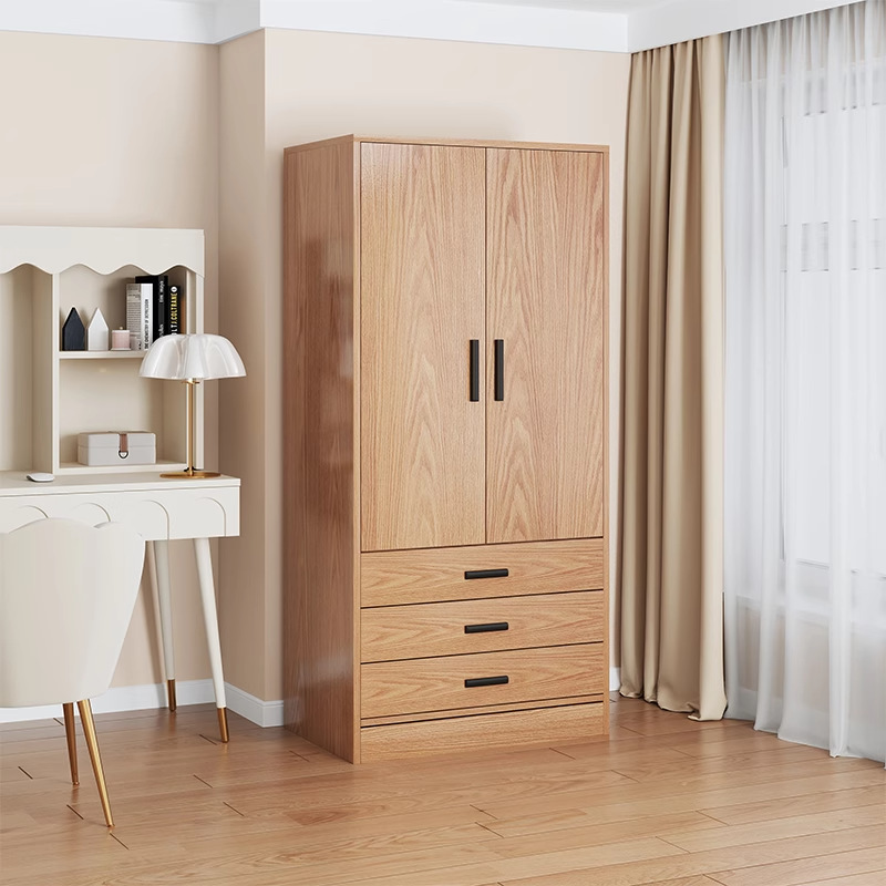 Wooden Simple Home Wardrobe with Double Doors and Drawers Solid Wood Bedroom Rental Room Small Apartment Space-Saving Storage Cabinet