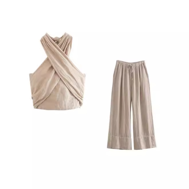 Europe and the United States cross-border women's clothing wholesale women's neck linen backless short vest wide leg pants casual suit
