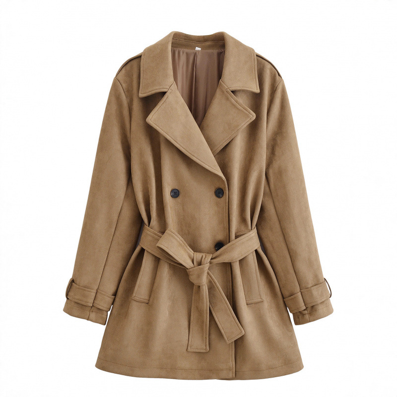 Cross-Border Export Women's Clothing 2025 Autumn European and American Style Double-Breasted Waist Strap Mid-Length Windbreaker Jacket for Women A711646