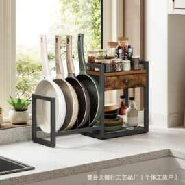 跨境铁木艺厨房多功能置物架 桌面调料碗碟锅盖沥水收纳储物架