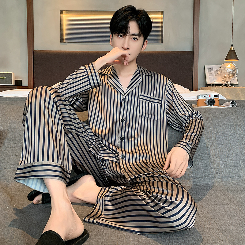 남성용 아이스 실크 대형 사이즈 잠옷 2026 봄 여름 신상품 가디건 얇은 긴팔 캐주얼 세트 홈웨어 외부에서 착용 가능