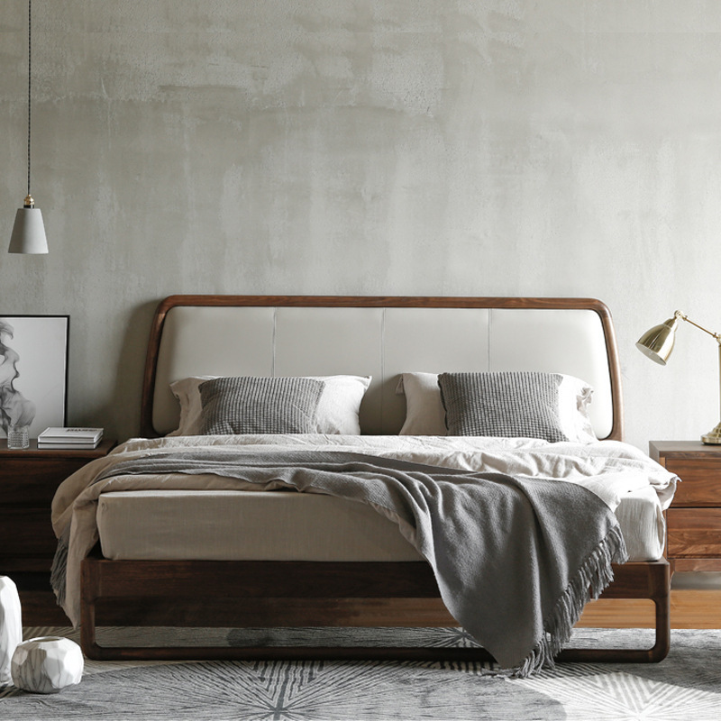 Nordic Solid Wood Bed Soft Backrest Double Bed Black Walnut Modern Simple Solid Wood Bed 1.8 m Cherry Wood Bed