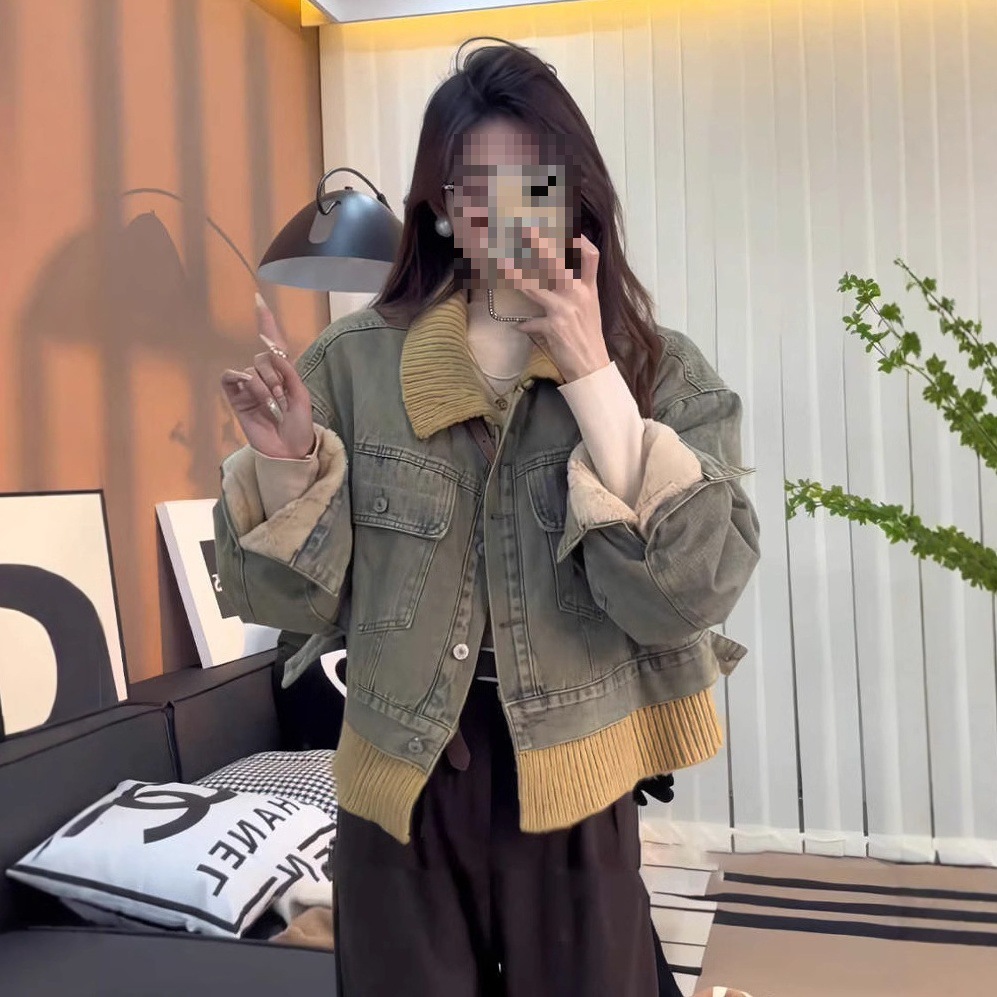 미국 레트로 게으른 스타일 명암 옷깃 데님 코트 여성 가을 겨울 기모 새로운 캐주얼 기모 직접 판매