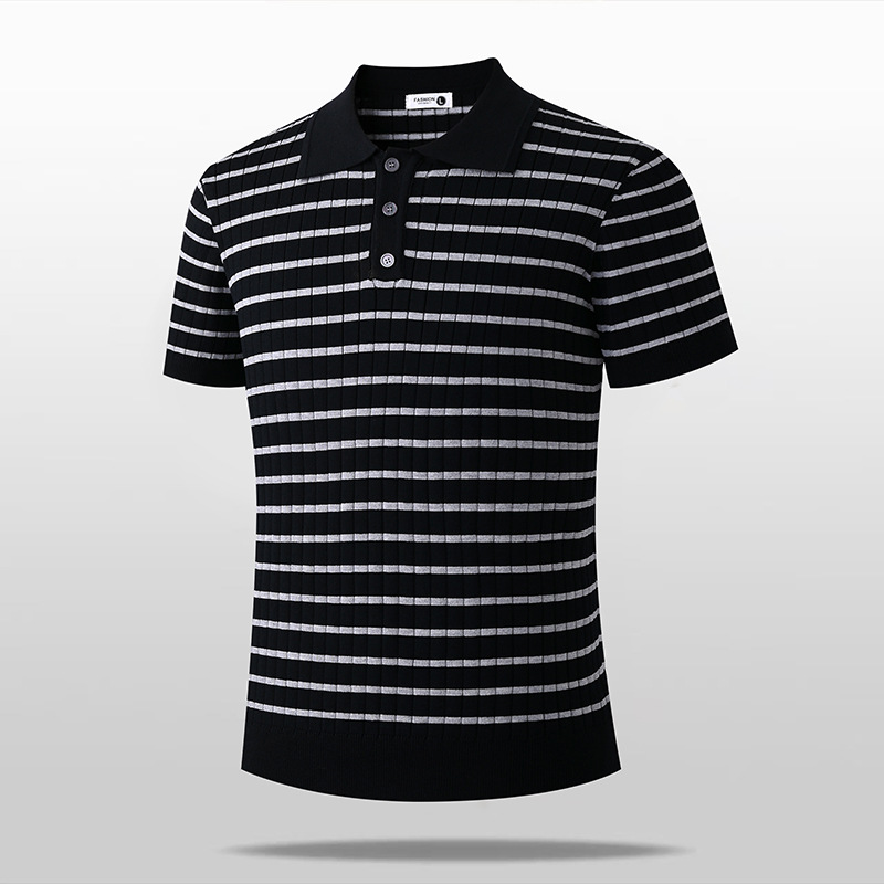 Camisas de polo camisetas de punto de manga corta camisetas a rayas de hombre texturas de alto nivel viejos ganancias de hielo seda verano fábrica transfronteriza al por mayor