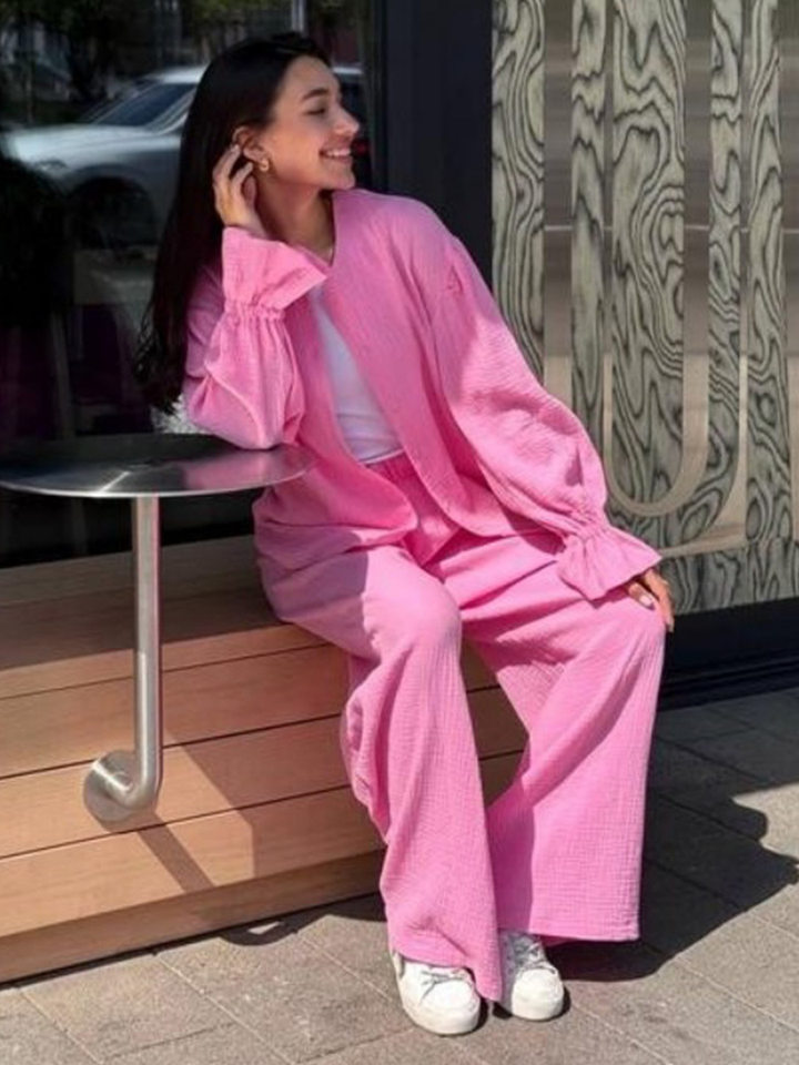 Bộ cardigan dài tay + quần ống rộng tay đèn lồng chất liệu cotton — màu hồng, màu đen, quả mơ chi tiết 5