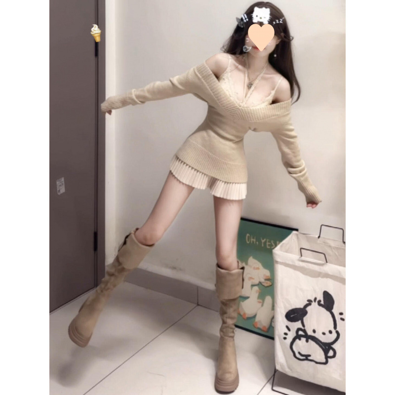 溫柔系穿搭秋冬套裝減齡搭配一整套領毛衣百褶半身裙三件套裙裝