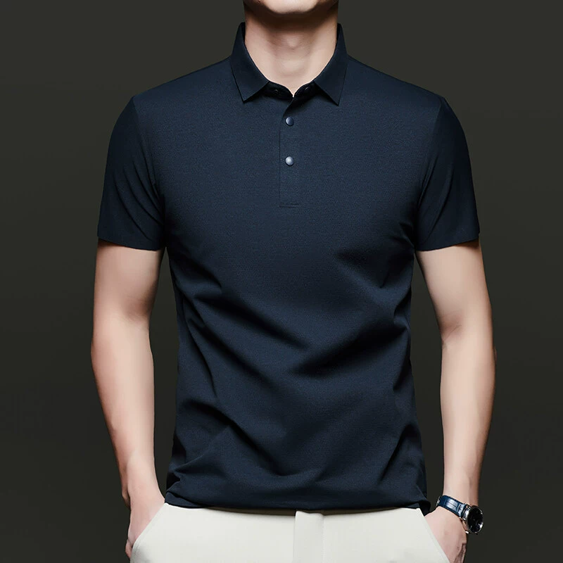 Бесшовная поло для бизнес-кэжуал с коротким рукавом, мужская, лето 2025, новая мужская высококачественная футболка из ледяного шелка, быстросохнущая.