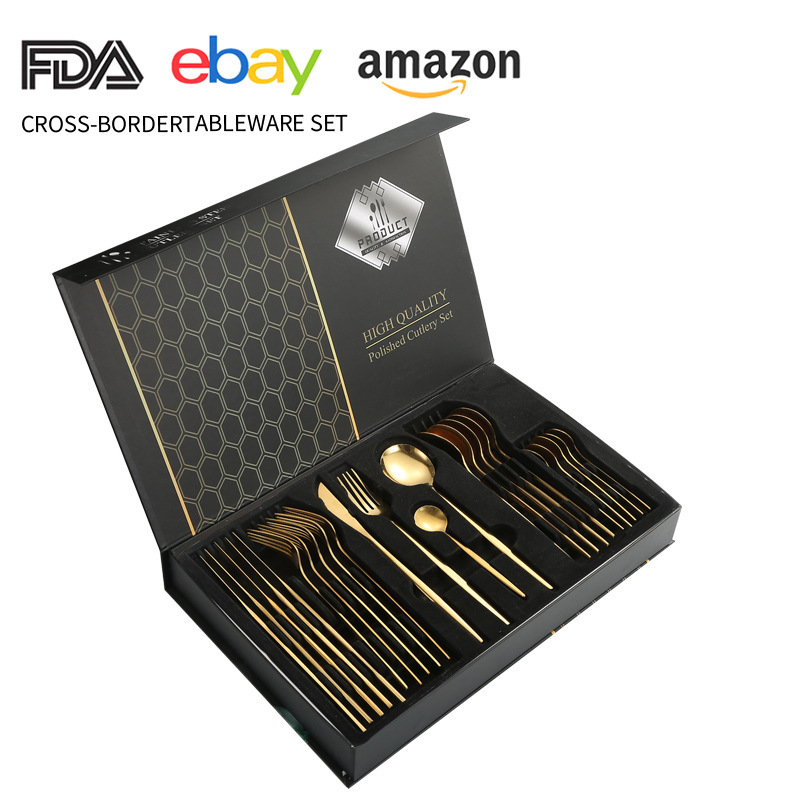 Juego de cuchillo y tenedor de comida occidental portuguesa de acero inoxidable de Amazon transfronterizo Juego de 24 piezas de bistec, cuchillo, tenedor, cuchara, cuchara, juego de cuchara de postre
