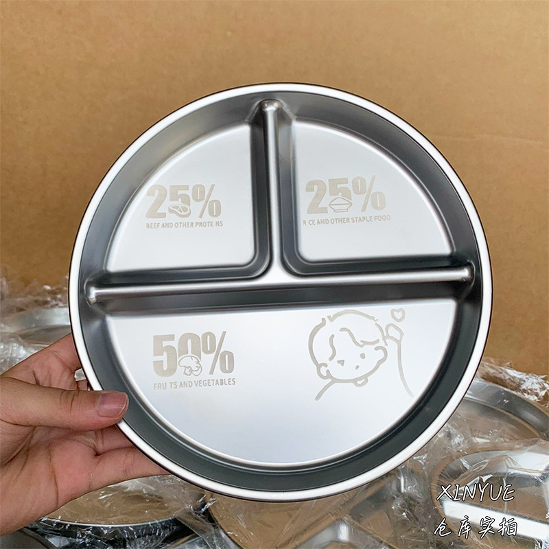 Food-Grade Stainless Steel Dinner Plate for Office Workers, Three-Compartment Fat-Reducing Plate, Student Dormitory Compartmented Lunch Box, Special and Durable for Rice
