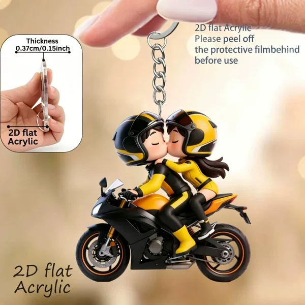 Cross-Border Mini Motorcycle Rider Couple Keychain Backpack Pendant 2D Acrylic Cute Gift Hanging Ornament